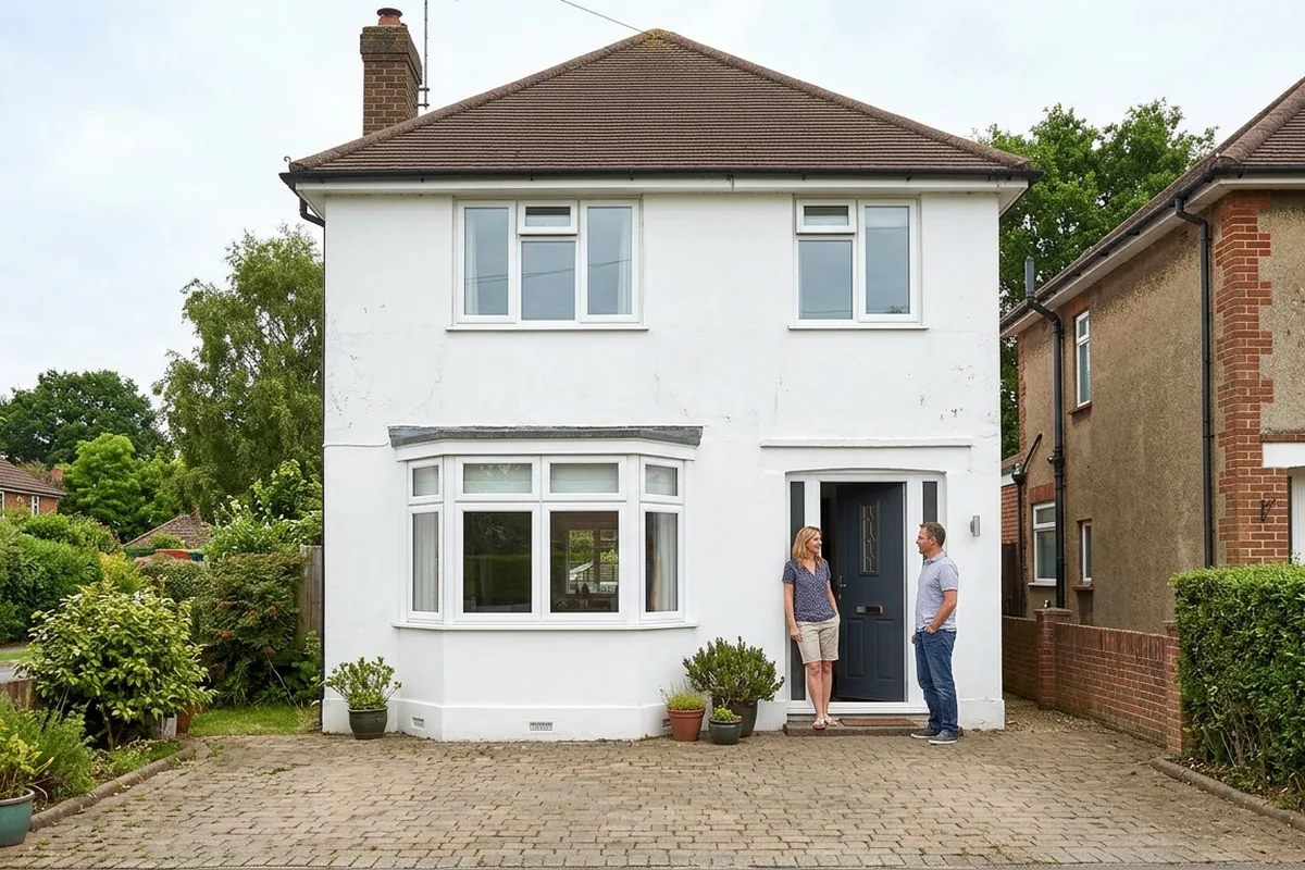 Couple standing at the dark composite front door of a white 1930s house with a canted bay window