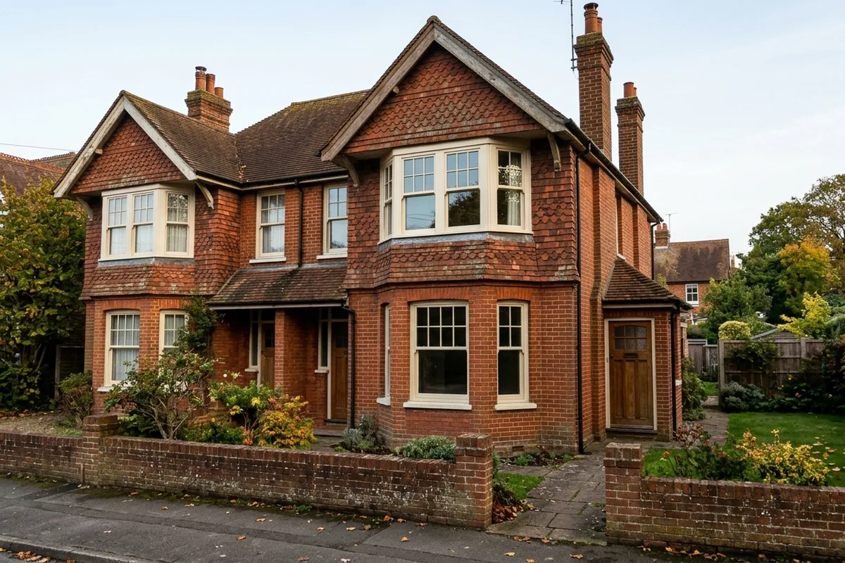 Edwardian red brick semi-detached villa with tile-hung gables, bay windows and cream sash windows
