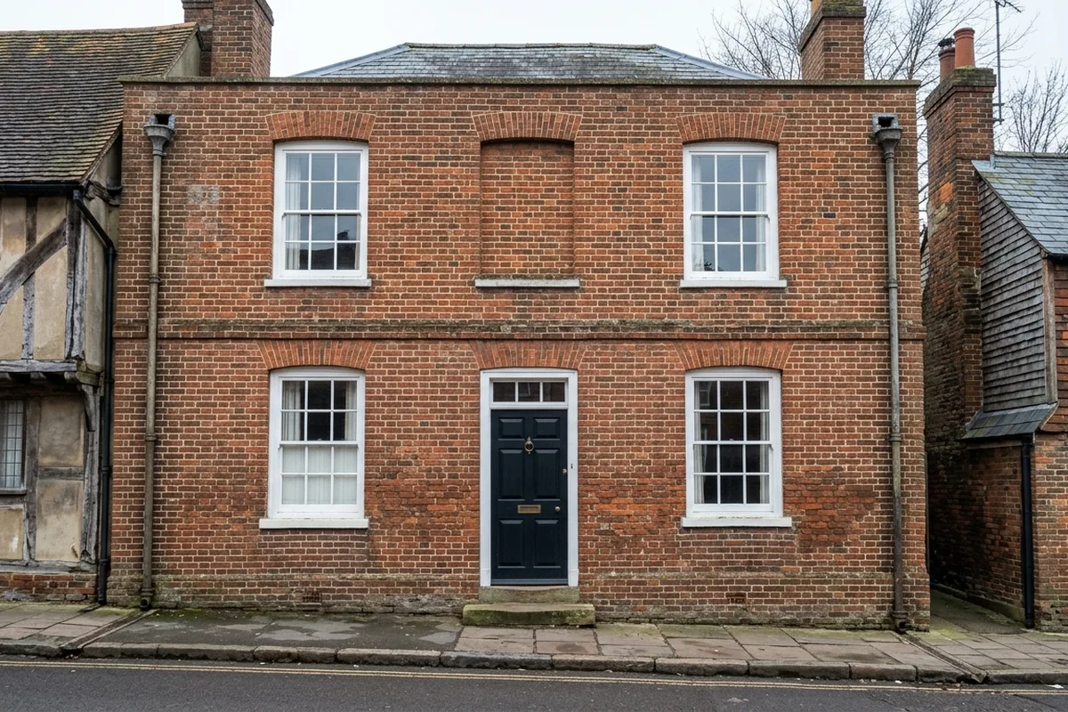 Four white painted timber box sash windows with six-over-six bars on a Georgian brick front