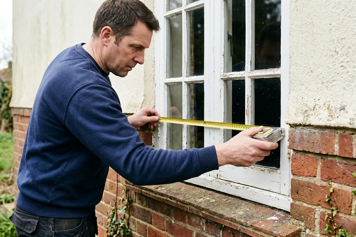 Surveyor measuring the width of an old white casement window with a tape