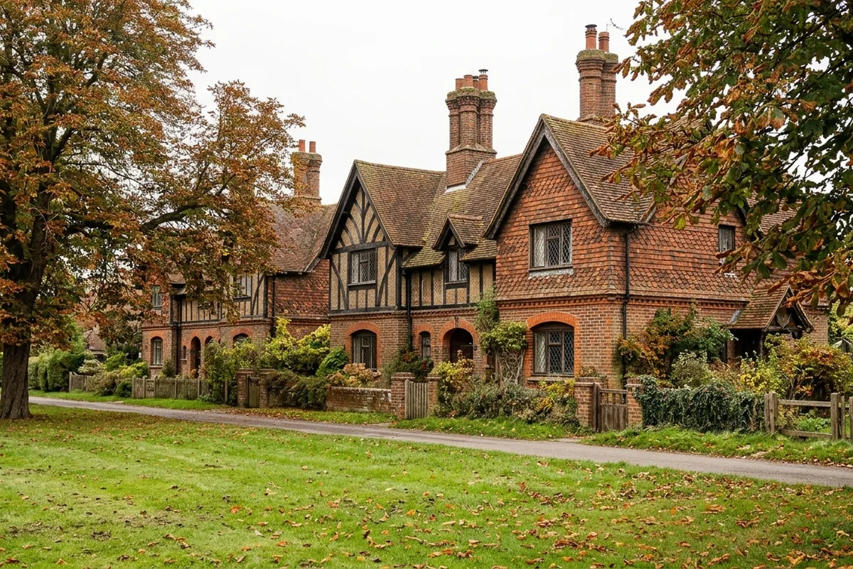 Row of half-timbered and tile-hung brick cottages with leaded windows behind a wide lawn