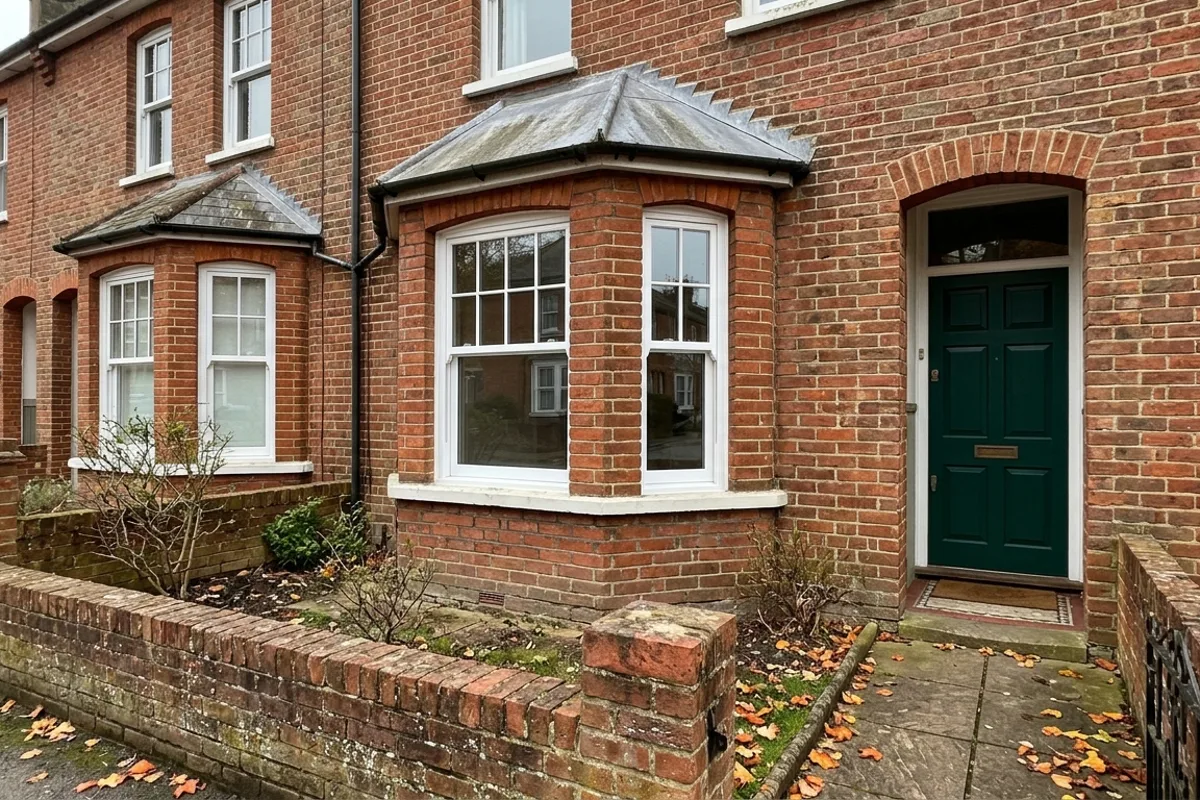 White uPVC sash windows in the canted bay of a red brick Victorian house